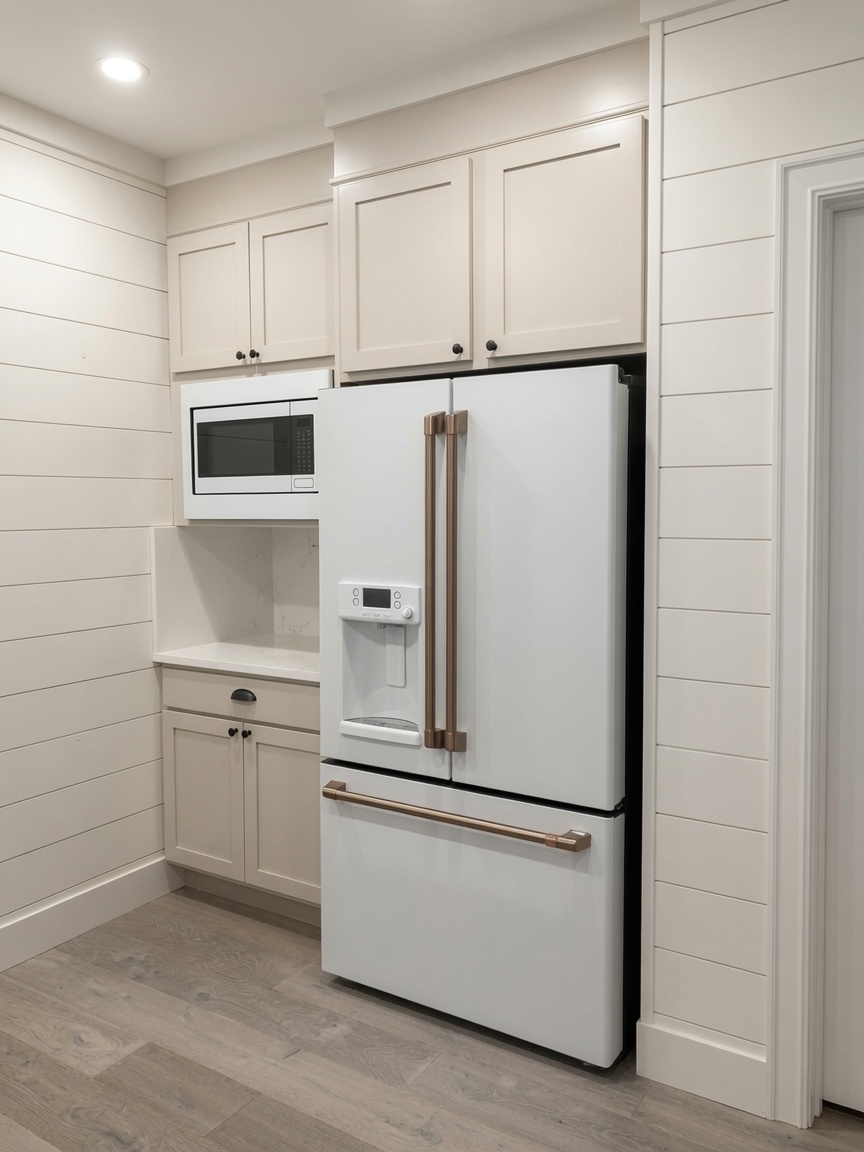 Kitchen alcove with shiplap walls, cream cabinetry and brass hardware