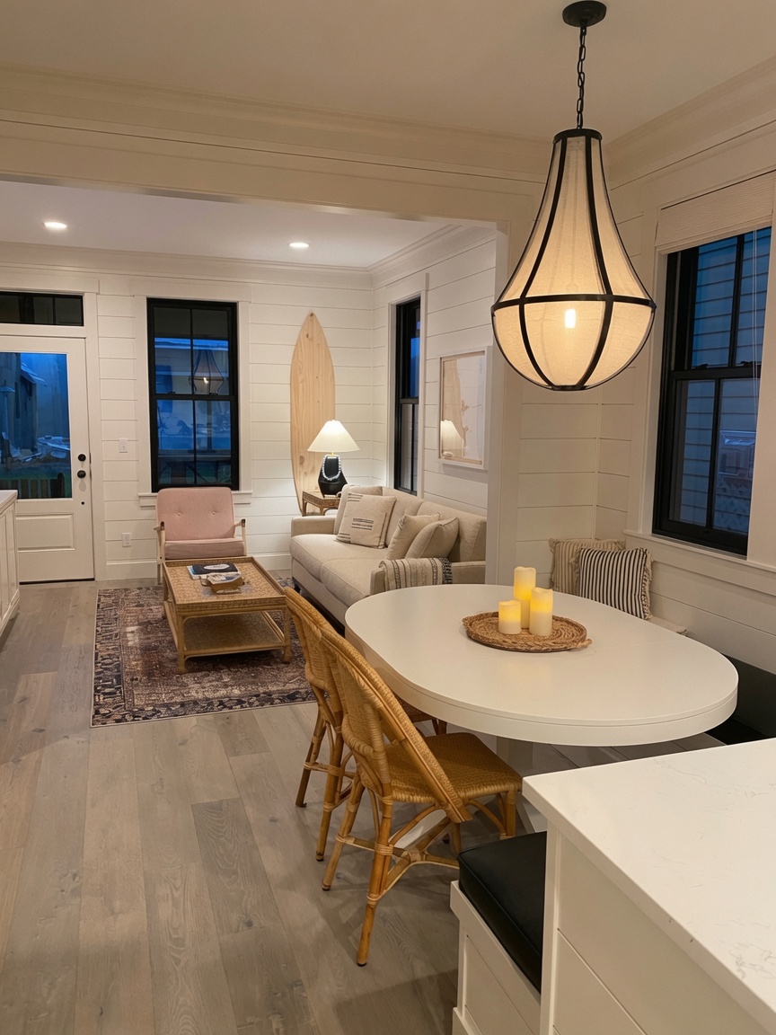 Shiplap living room with linen sofa, rattan coffee table and vintage rug