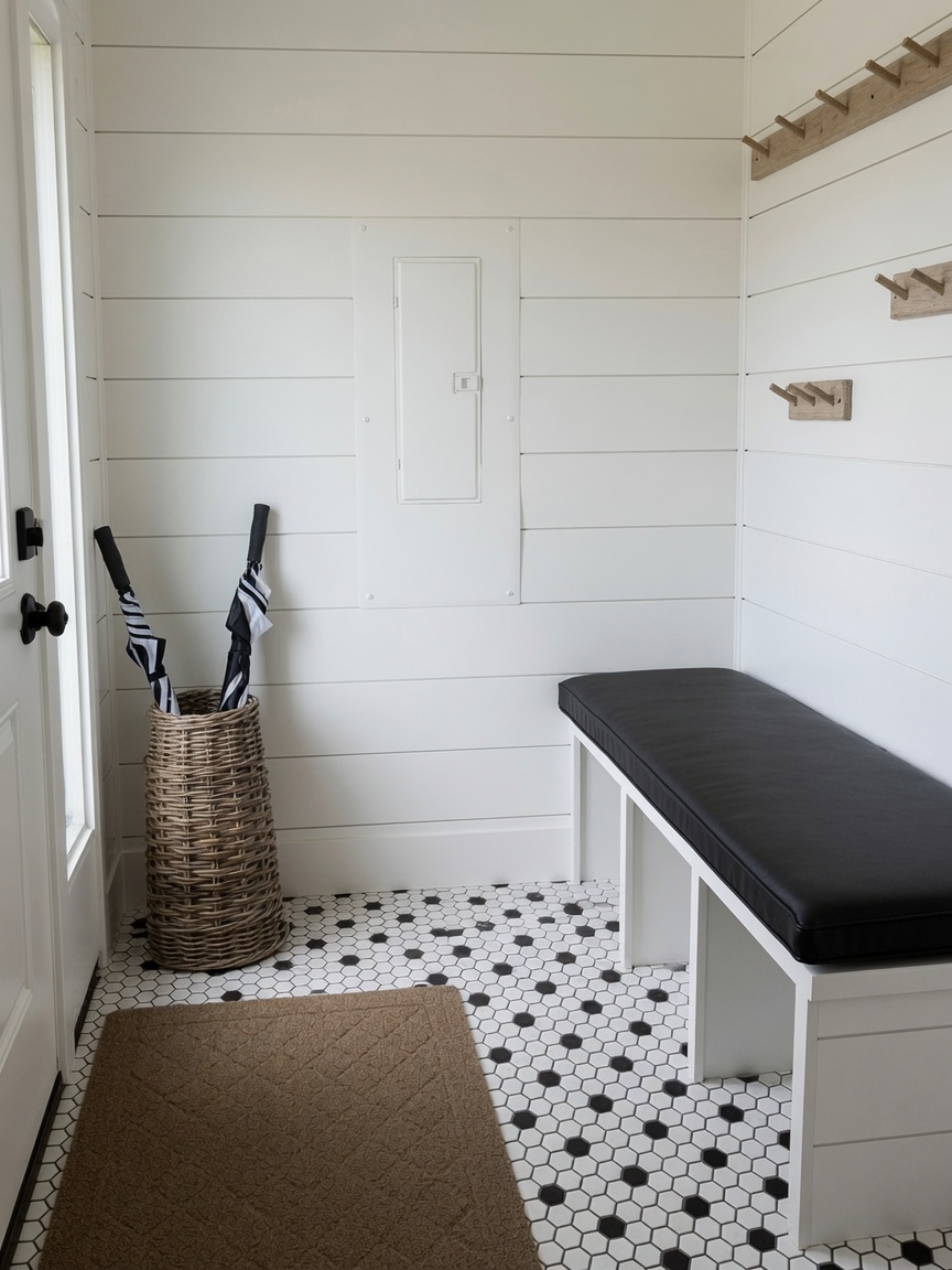 Mudroom with shiplap, hex tile floor and black cushioned bench