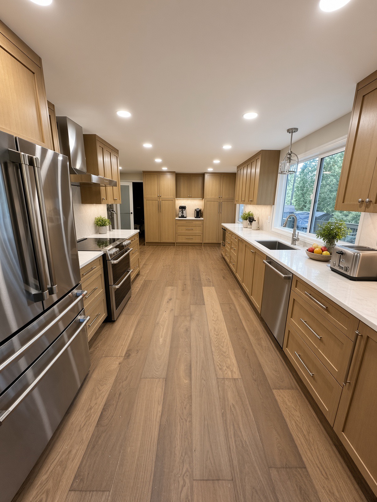 Completed Bothell kitchen remodel with custom white oak cabinetry, quartz counters and a built-in coffee pantry wall