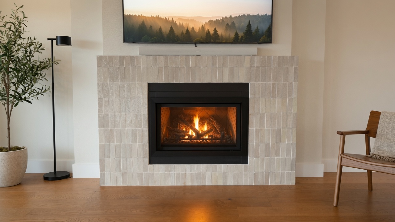 Custom fireplace surround in stacked cream zellige tile
