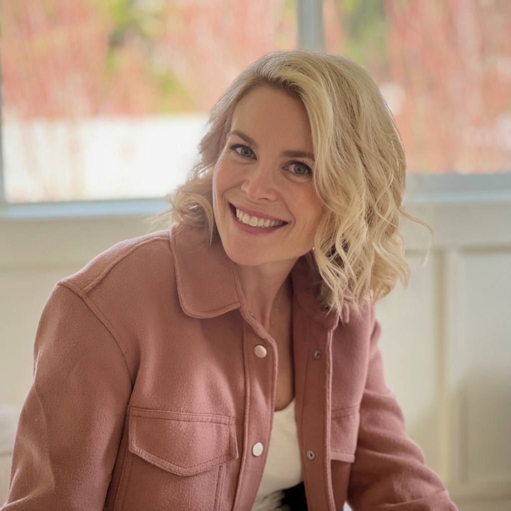 Portrait of Brynn Dougherty in a pink jacket, smiling with soft window light