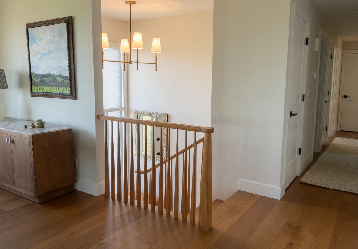Upstairs landing with white oak stair railing and brass chandelier