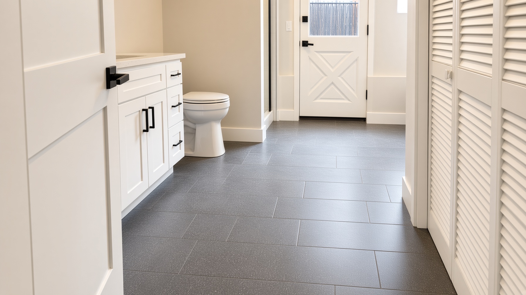 Hallway bath and mudroom entry with grey tile flooring