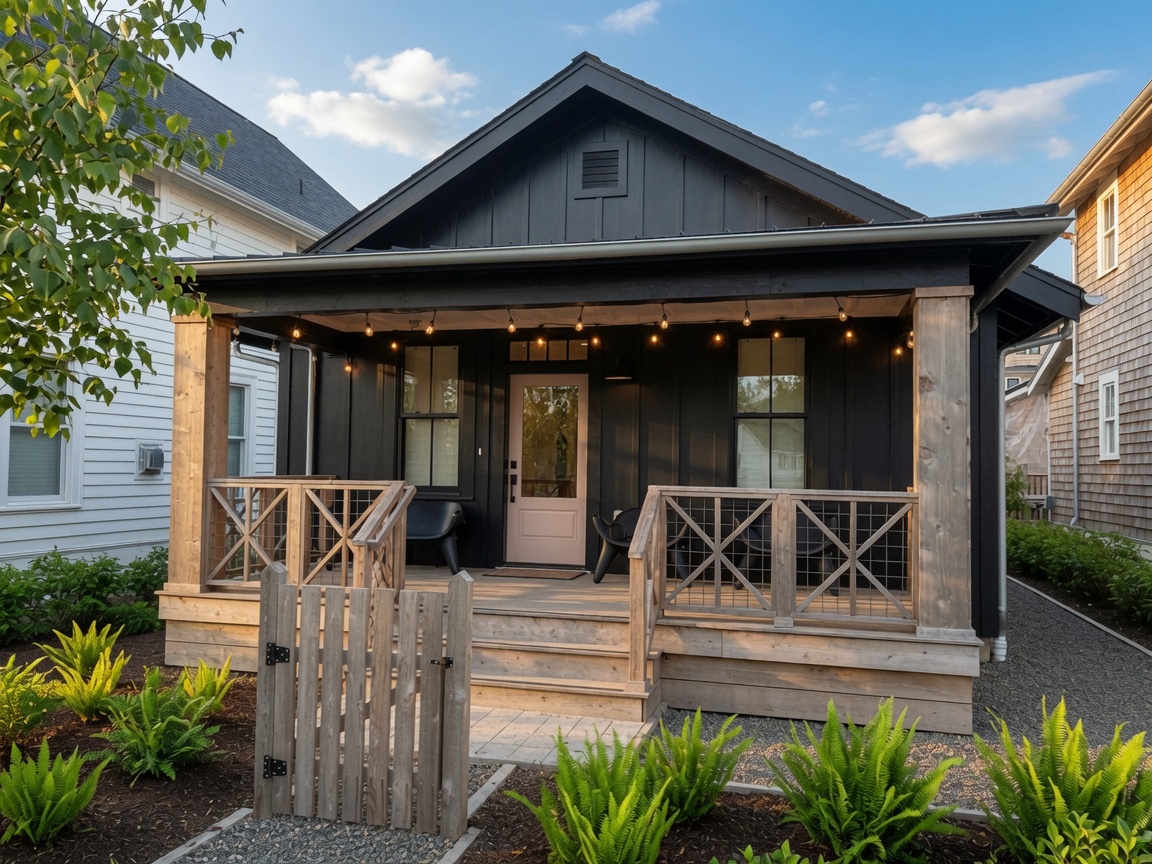Black board-and-batten Seabrook cottage exterior with cedar porch and a blush front door