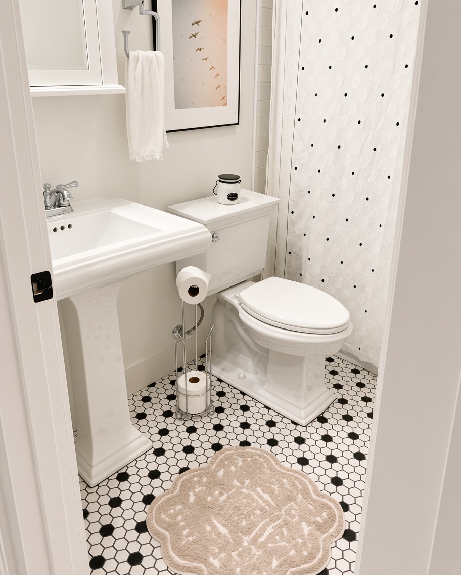 Bath with black and white hex tile floor and pedestal sink