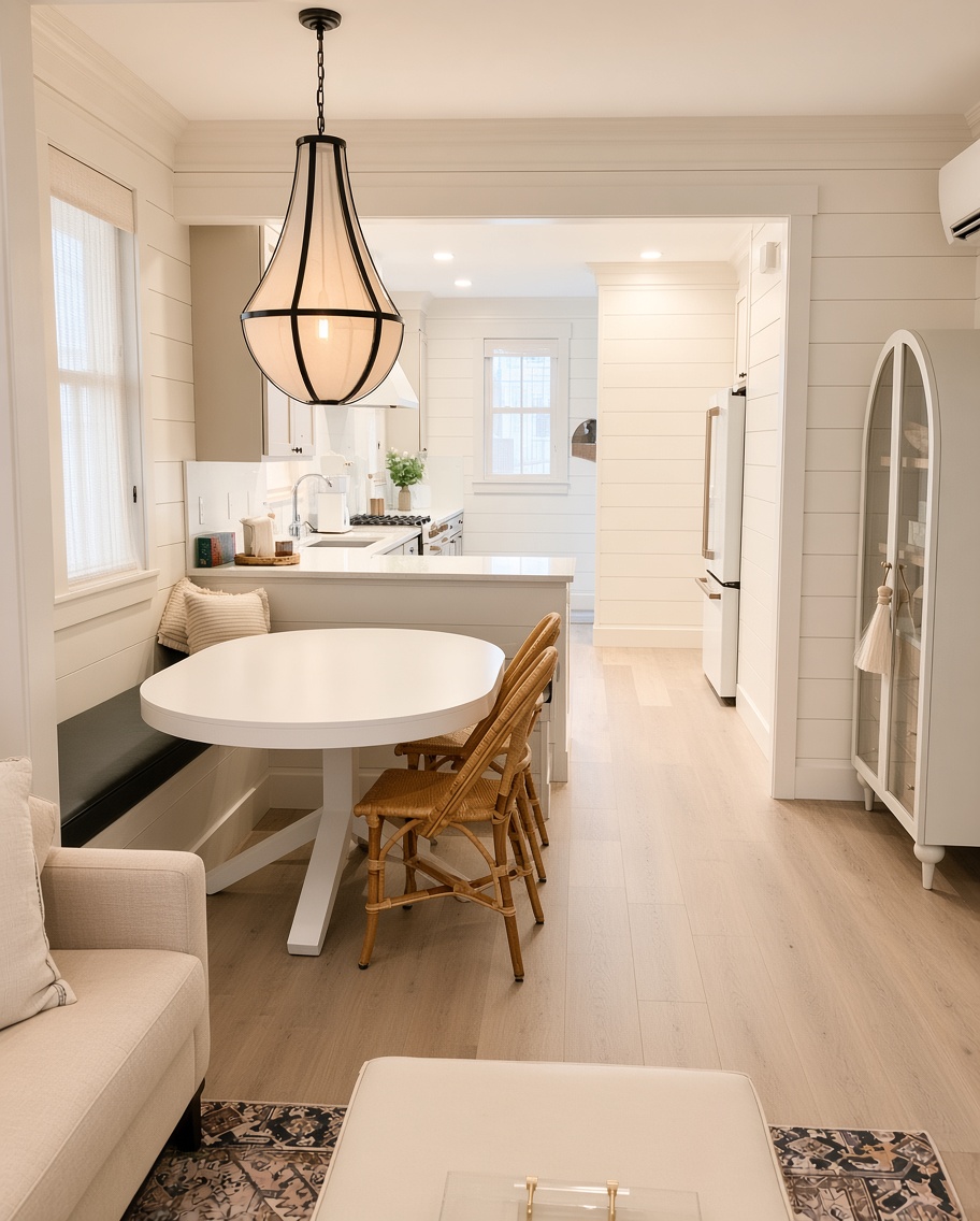 Cottage kitchen with cream cabinetry, shiplap walls and banquette dining