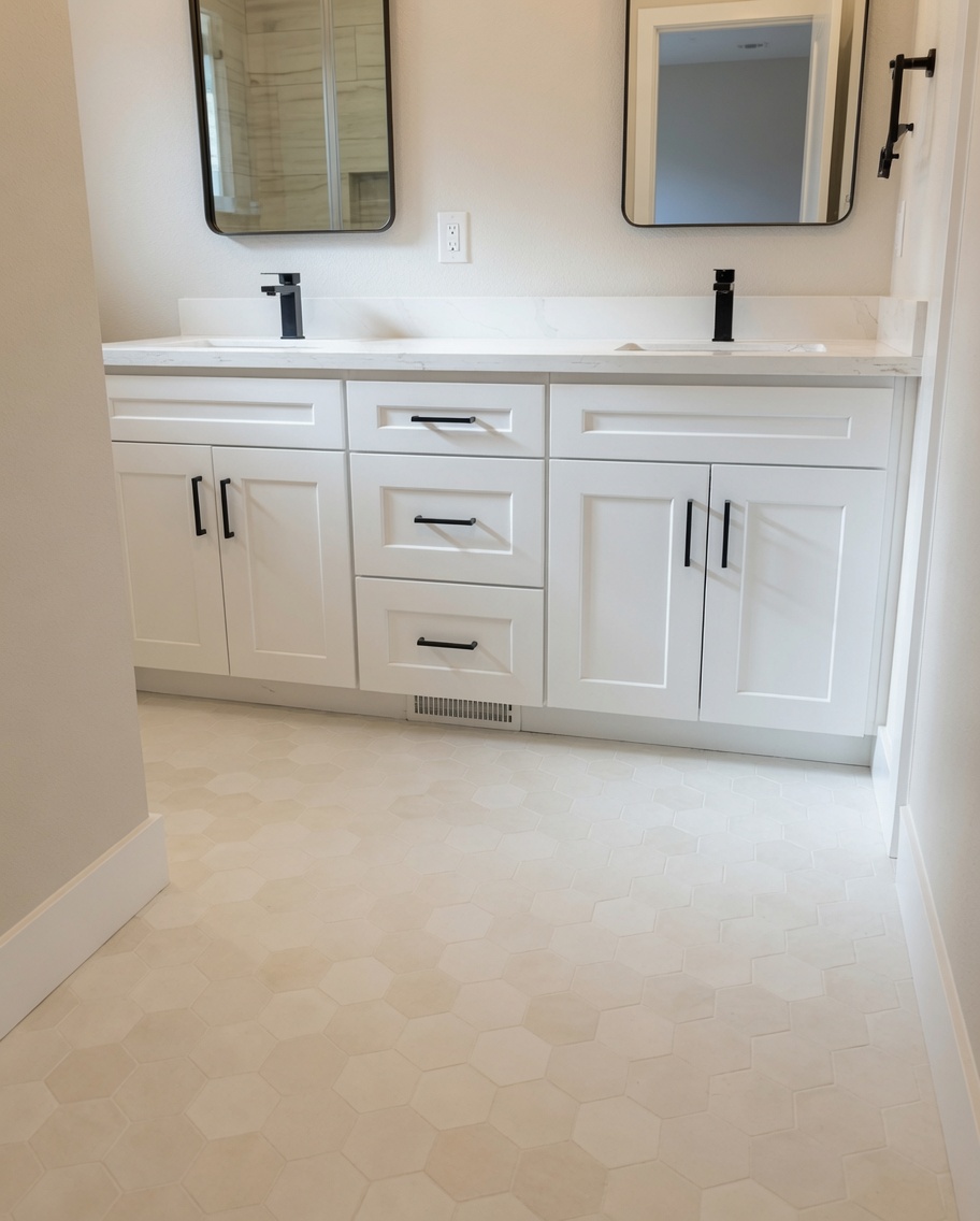 Primary bath with double vanity, quartz counter and hex tile floor