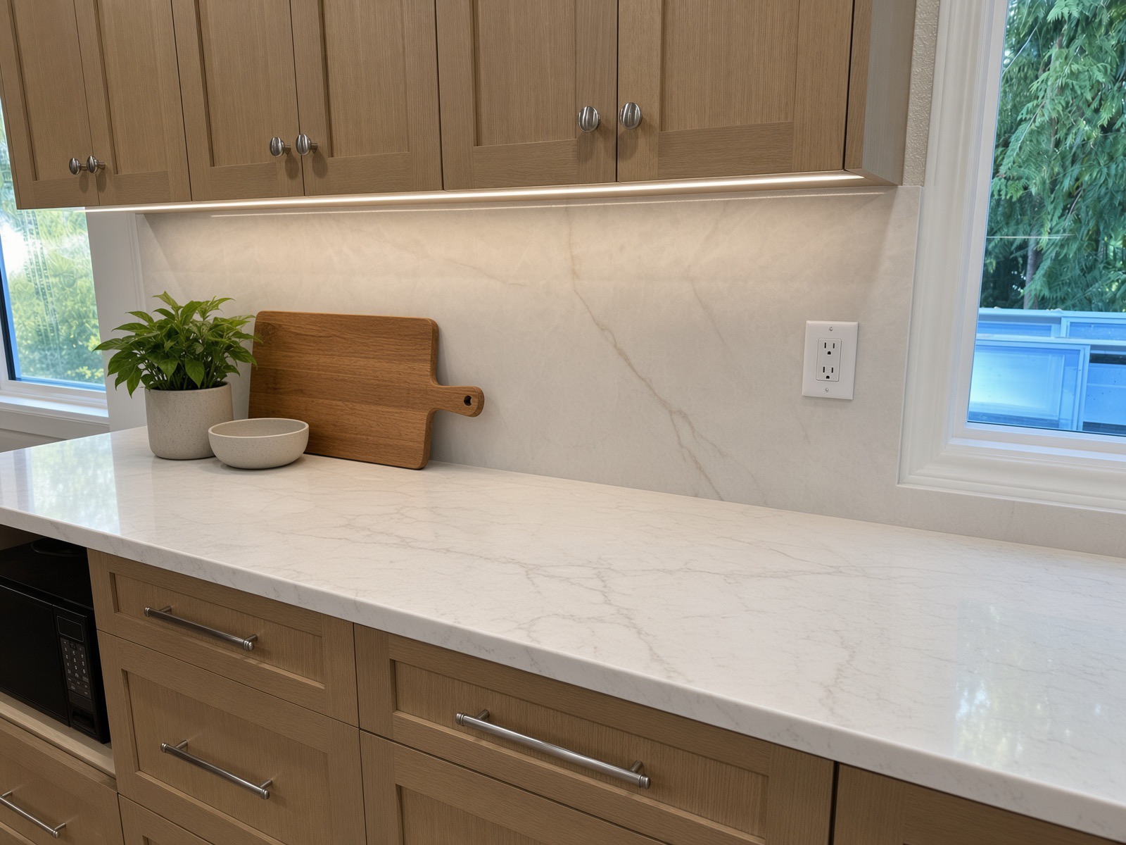 Quartz countertop and backsplash detail beneath white oak cabinets