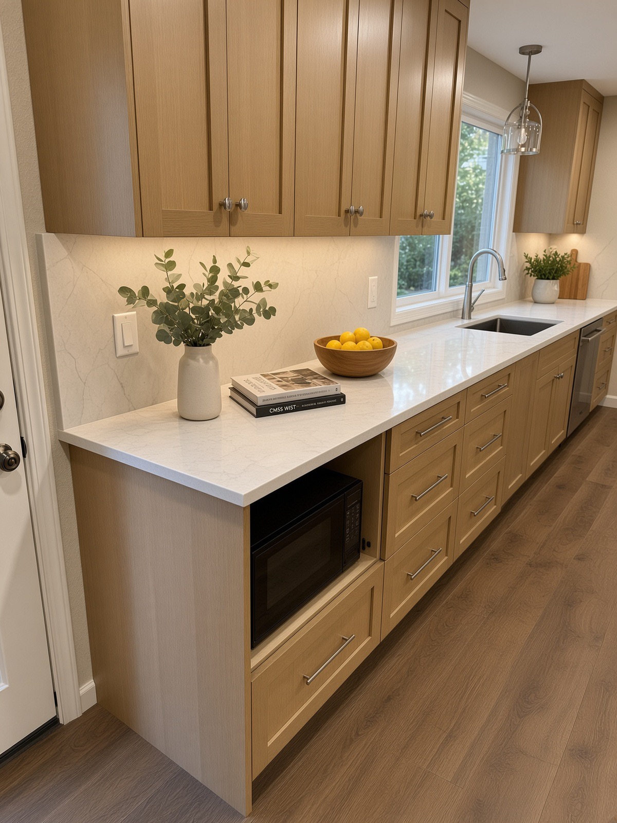 Bothell kitchen sink run with integrated microwave cabinet and quartz counter