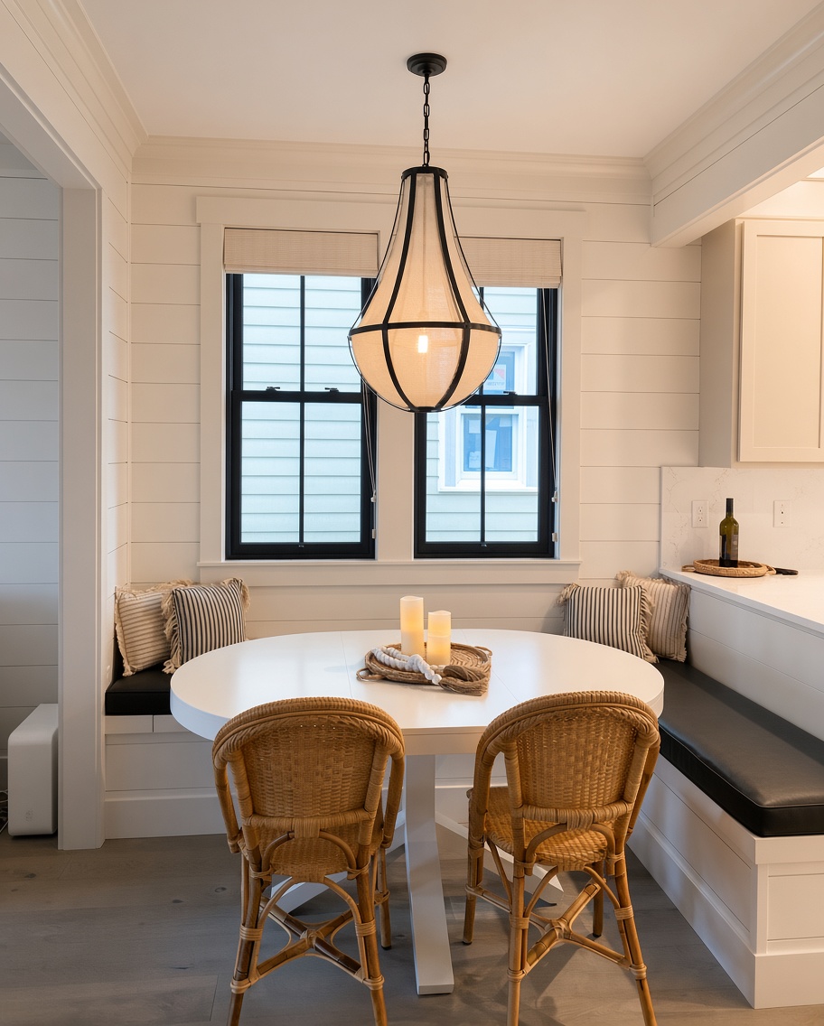 Built-in banquette breakfast nook with striped pillows and woven chairs