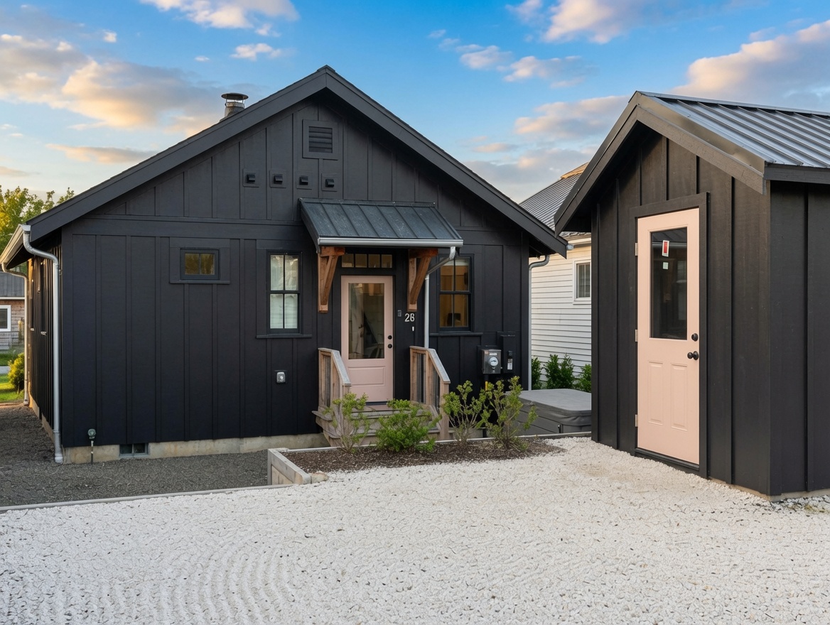 Cottage exterior entry with pink doors and metal porch roof