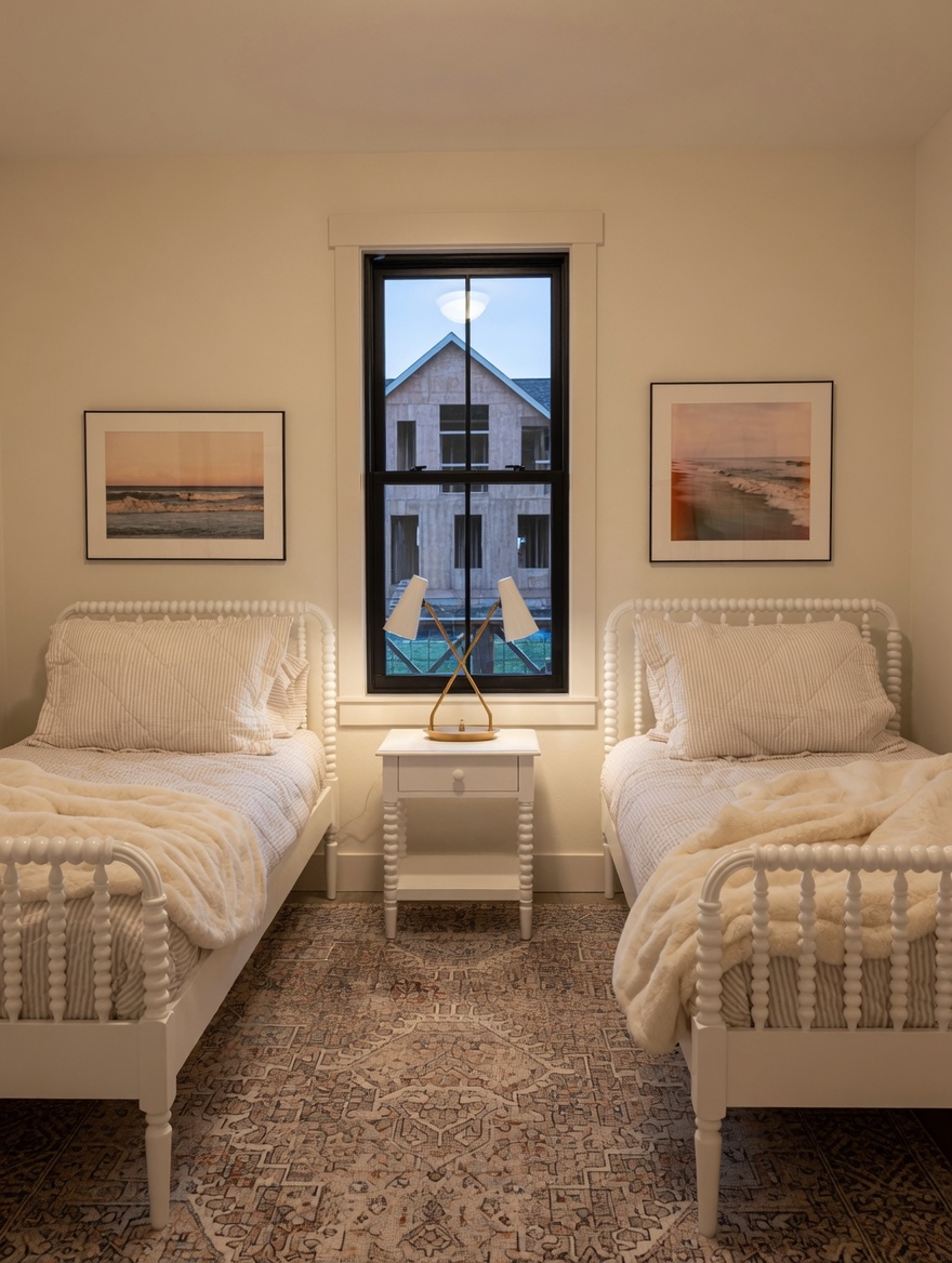 Guest bedroom with twin spindle beds and coastal photography